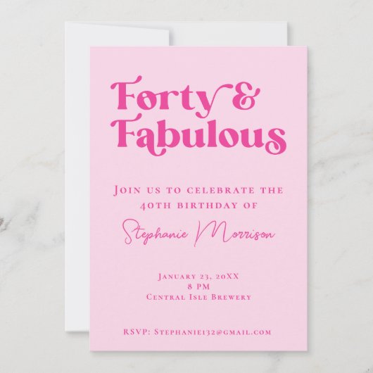 40と素晴らしいはっきりしたタイポグラフィピンク誕生日 招待状 (正面)