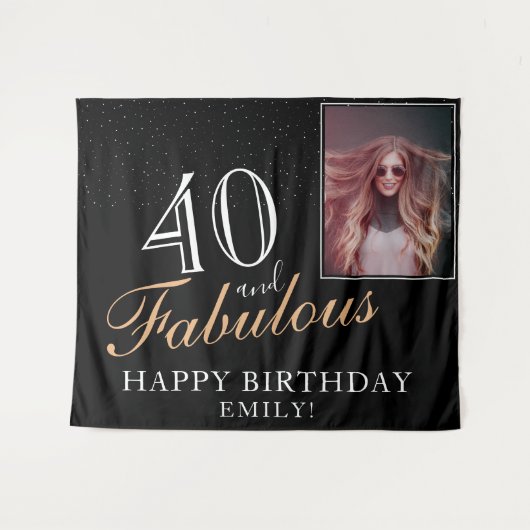 40と素晴らしいエレガントブラック40th誕生日の写真 タペストリー (正面(横))