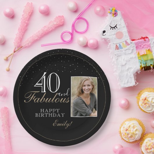 40と素晴らしいエレガントブラック40th誕生日の写真 ペーパープレート (パーティー)