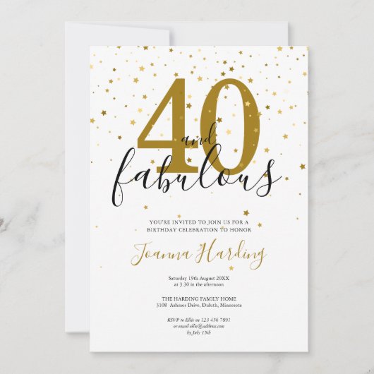 40と素晴らしいエレガント金ゴールドとブラック誕生日 招待状 (正面)
