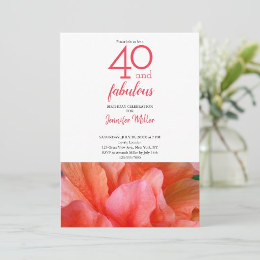 40と素晴らしいオレンジピンクフラワーフォト誕生日 招待状 (スタンド正面)