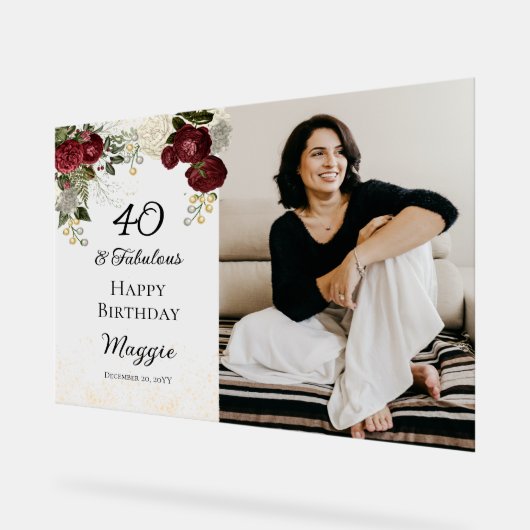 40と素晴らしいグラムバラフローラ誕生日パーティー アクリルサイン (傾斜)