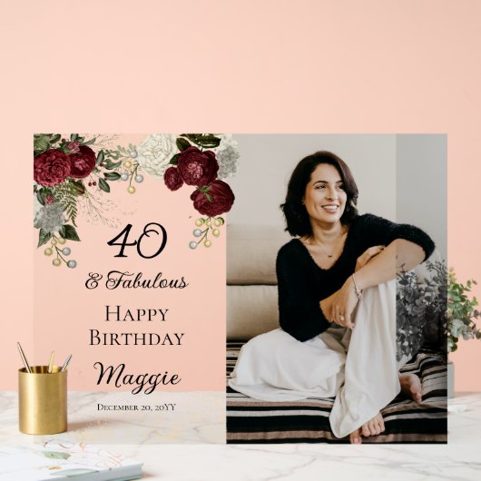 40と素晴らしいグラムバラフローラ誕生日パーティー アクリルサイン (ウェディング)