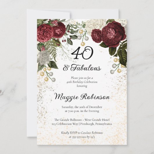 40と素晴らしいグラムバラフローラ誕生日パーティー 招待状 (正面)