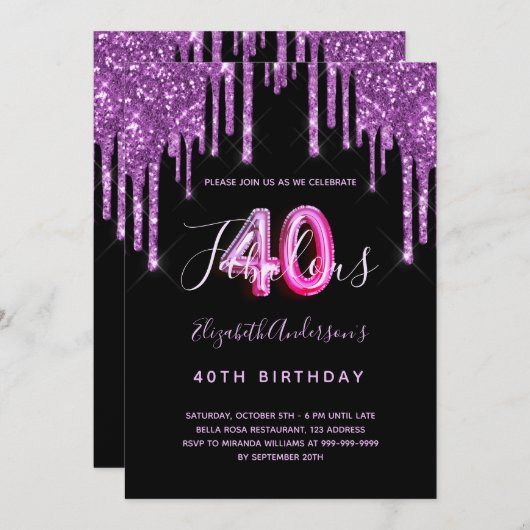 40と素晴らしいグリッタードリップブラックパープルグラム 招待状 (正面/裏面)