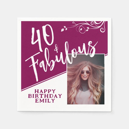 40と素晴らしいスクリプトフォトマゼンタ40歳の誕生日 スタンダードカクテルナプキン (正面)