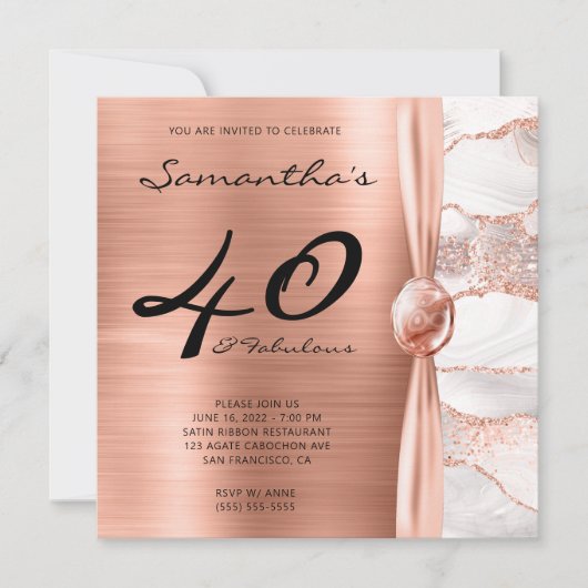 40と素晴らしいバラ金ゴールドとホワイトアゲート誕生日 招待状 (正面)