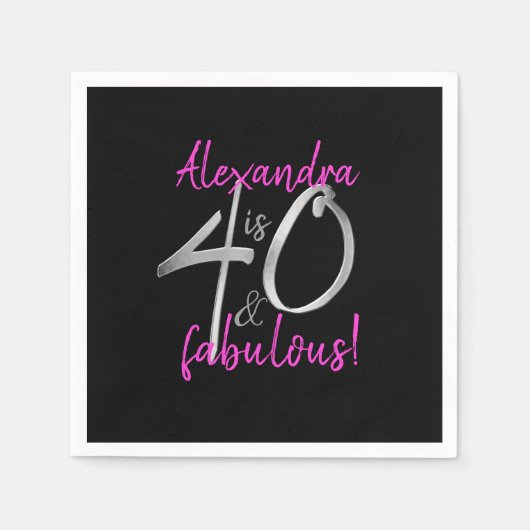 40と素晴らしいピンクと黒パーソナライズされた スタンダードカクテルナプキン (正面)