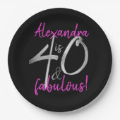 40と素晴らしいピンクと黒パーソナライズされた ペーパープレート (正面)
