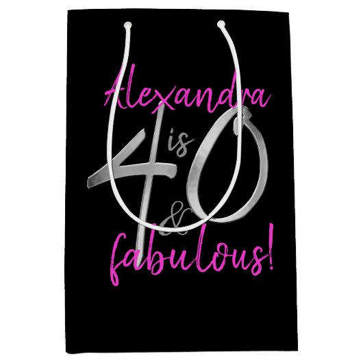 40と素晴らしいピンクと黒パーソナライズされた ミディアムペーパーバッグ (正面)