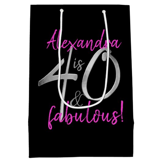 40と素晴らしいピンクと黒パーソナライズされた ミディアムペーパーバッグ (裏面)