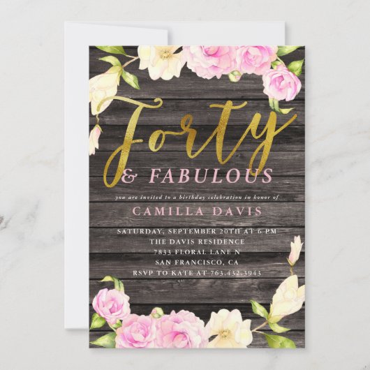 40と素晴らしいピンクのフローラ誕生日パーティー 招待状 (正面)