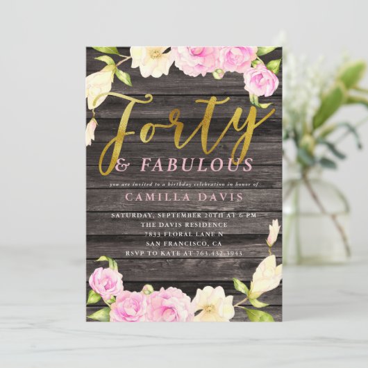 40と素晴らしいピンクのフローラ誕生日パーティー 招待状 (スタンド正面)