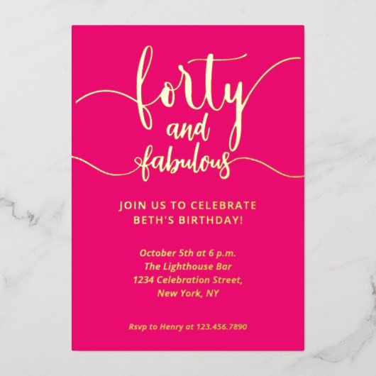 40と素晴らしいピンクの誕生日パーティーの招待 箔招待状 (正面)