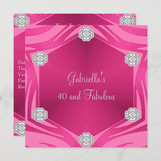 40と素晴らしいピンクエキゾチック動物ジュエル誕生日 招待状 (正面/裏面)