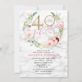40と素晴らしいピンク&金ゴールドフローラ大理石誕生日 招待状 (正面)