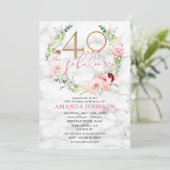 40と素晴らしいピンク&金ゴールドフローラ大理石誕生日 招待状 (スタンド正面)