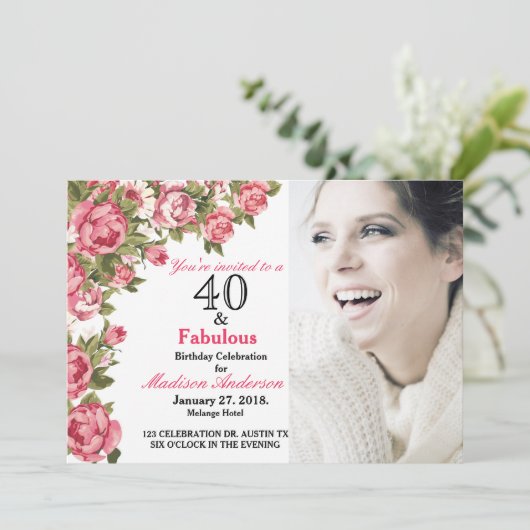 40と素晴らしいフローラ40歳の誕生日招待状 招待状 (スタンド正面)