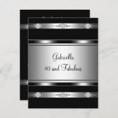 40と素晴らしいブラックシルバートリムバースデーパーティー 招待状 (正面/裏面)