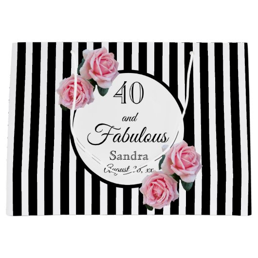 40と素晴らしいブラックストライプ花模様の名前 ラージペーパーバッグ (正面)