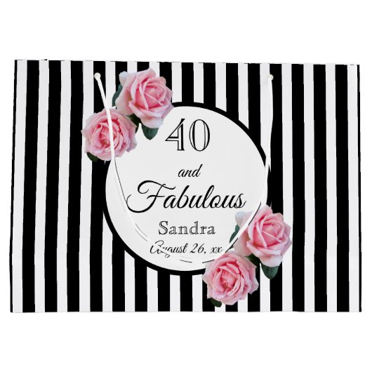 40と素晴らしいブラックストライプ花模様の名前 ラージペーパーバッグ (裏面)