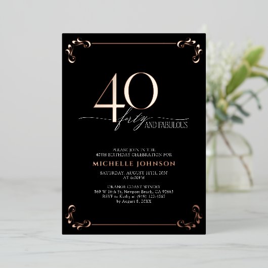 40と素晴らしいブラックバラ金ゴールド書道誕生日 箔招待状 (立ち正面)