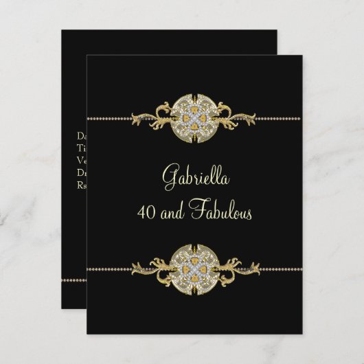40と素晴らしいブラック金ゴールドジュエルトリム誕生日 招待状 (正面/裏面)
