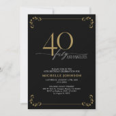 40と素晴らしいブラック&金ゴールド書道の誕生日 招待状 (正面)