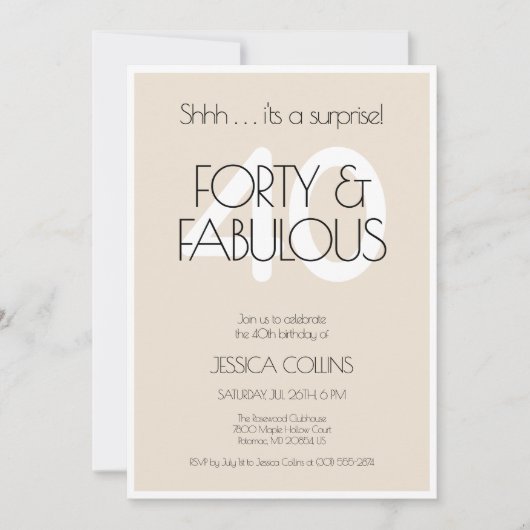 40と素晴らしいベージュ40歳モダンの誕生日パーティー 招待状 (正面)
