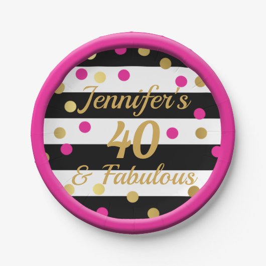 40と素晴らしいホットピンク白黒金ゴールド誕生日 ペーパープレート (正面)