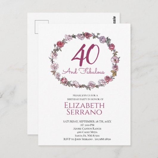 40と素晴らしいリングや輪のバラ誕生日パーティー招待状 ポストカード (正面/裏面)