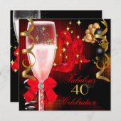 40と素晴らしいレッドブラック金ゴールド誕生日シューズ 招待状 (正面/裏面)