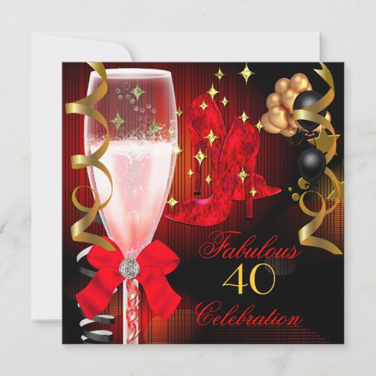 40と素晴らしいレッドブラック金ゴールド誕生日シューズ 招待状 (正面)