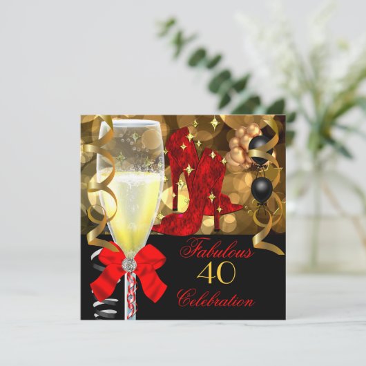 40と素晴らしいレッドブラック金ゴールド誕生日パーティー 招待状 (スタンド正面)