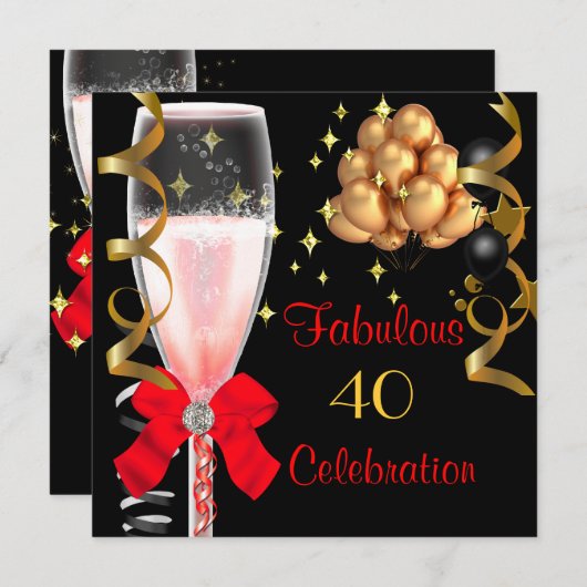 40と素晴らしいレッドブラック金ゴールド誕生日パーティー 招待状 (正面/裏面)