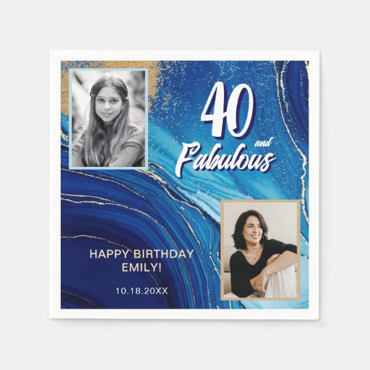 40と素晴らしい大理石グリッター2フォト誕生日 スタンダードカクテルナプキン (正面)