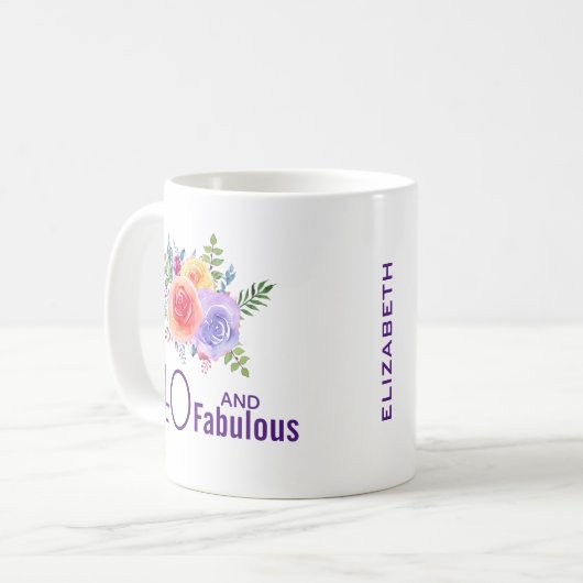 40と素晴らしい文字 – 水彩フローラブーケ コーヒーマグカップ (正面左)