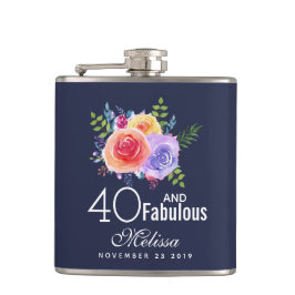 40と素晴らしい文字 – 水彩フローラ誕生日 フラスク