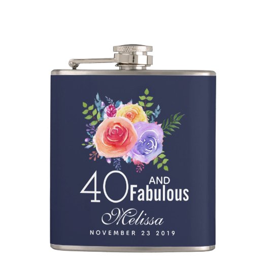 40と素晴らしい文字 – 水彩フローラ誕生日 フラスク (正面)