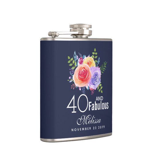 40と素晴らしい文字 – 水彩フローラ誕生日 フラスク (右)