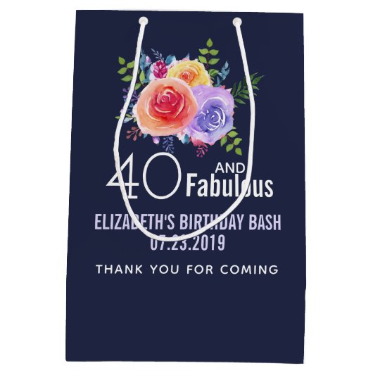 40と素晴らしい文字 – 水彩フローラ誕生日 ミディアムペーパーバッグ (裏面)