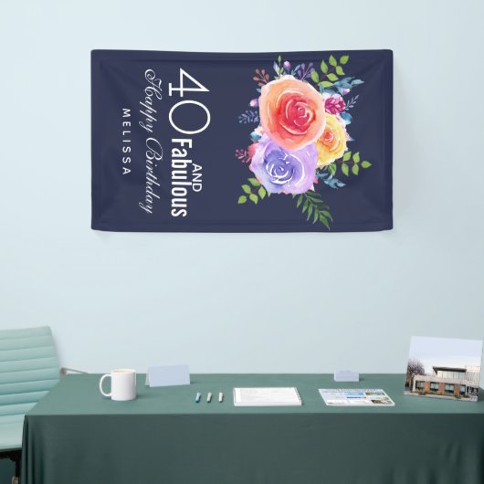 40と素晴らしい文字 – 水彩フローラ誕生日 横断幕 (トレードショー)