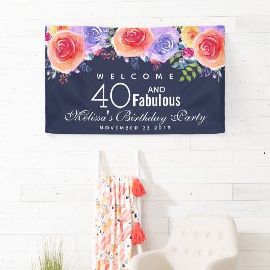 40と素晴らしい文字 – 水彩フローラ誕生日 横断幕 (インサイチュ)