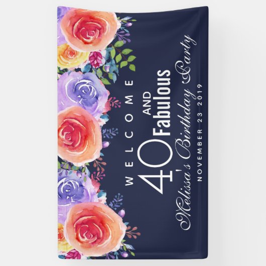 40と素晴らしい文字 – 水彩フローラ誕生日 横断幕 (縦)