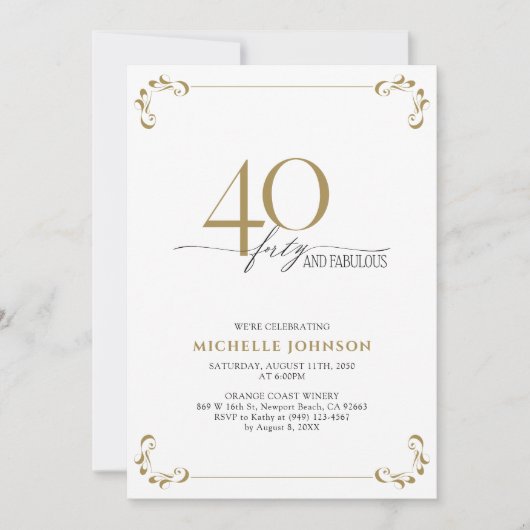 40と素晴らしい白黒と金ゴールド誕生日 招待状 (正面)