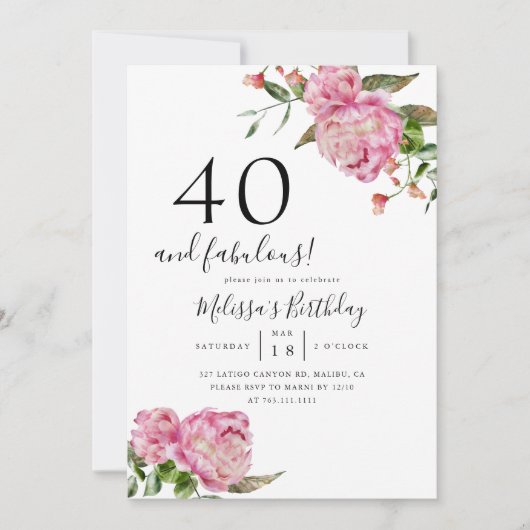 40と素晴らしい誕生日パーティピンクフローラ 招待状 (正面)