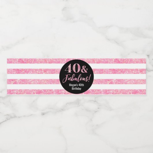40と素晴らしい誕生日ピンクグリッターストライプ ペットボトルラベル (シングルラベル)