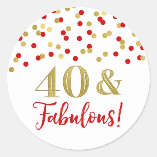 40と素晴らしい誕生日レッド金ゴールド紙吹雪 ラウンドシール (正面)