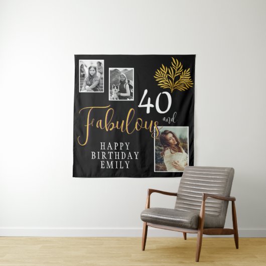 40と素晴らしい金ゴールドの葉3写真誕生日 タペストリー (インサイチュ)