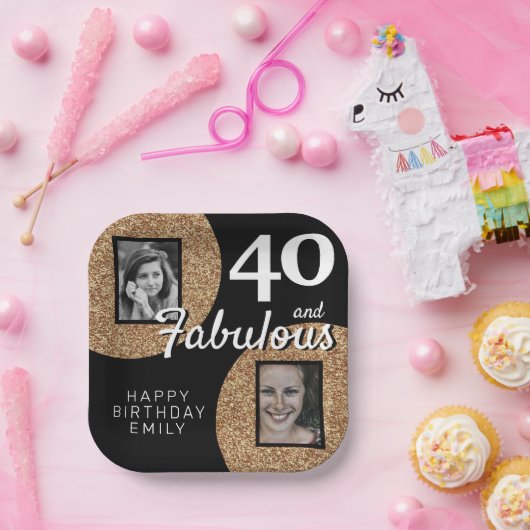 40と素晴らしい金ゴールドグリッター2 Photo 40th Birthday ペーパープレート (パーティー)